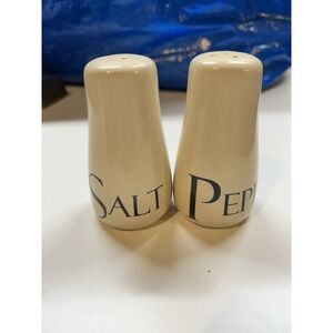 Retro‎ 1980s Beige Salt And Pepper Set Great Graphic Lettering Font 3 3/4" Tall